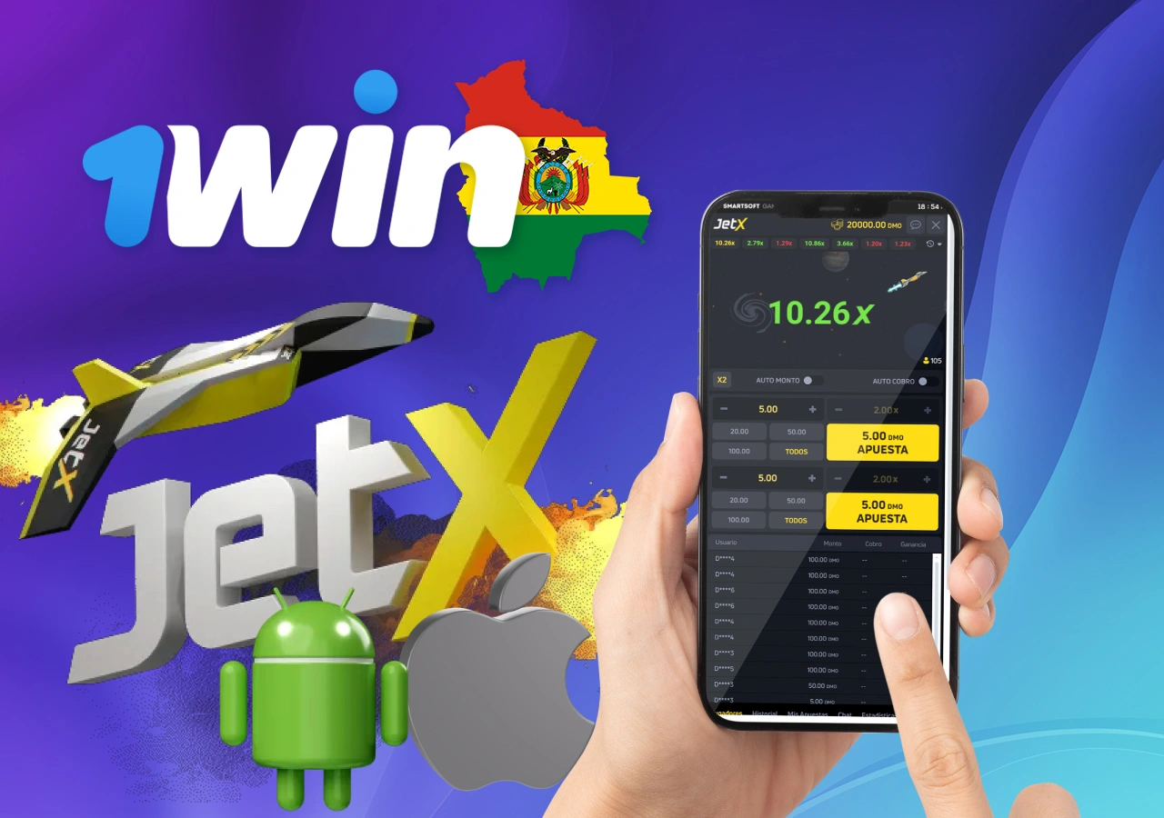 App de 1Win Bolivia mostrando JetX con un avión en pantalla